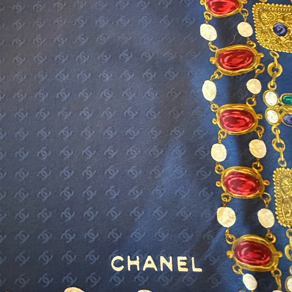 CHANEL Silk Chain Color Stone Scarf Navy Blue CC Coco Mark Logos COA w/ Box - Picture 12 of 14